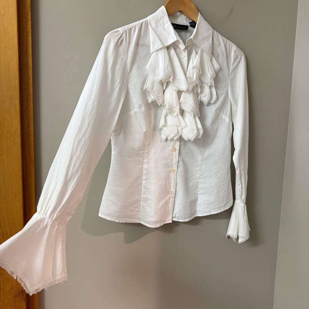 INC Womens Bell Sleeve Lace Trim Blouse Cotton 6P Ren Faire White Ruffle Jabot
